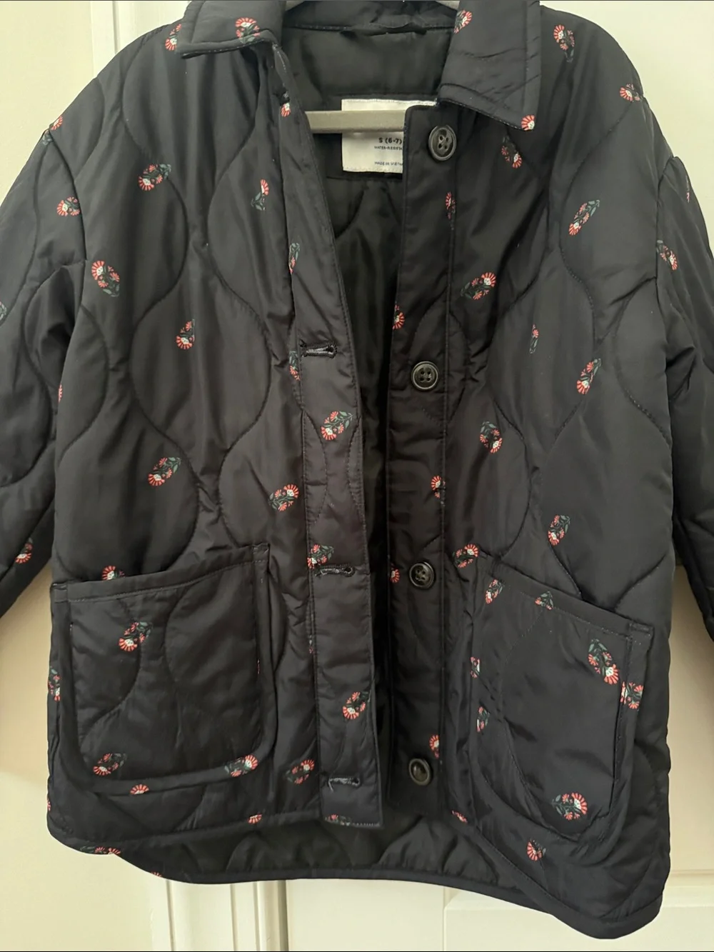 Old Navy Black Quilted Jacket with Pink Floral Design